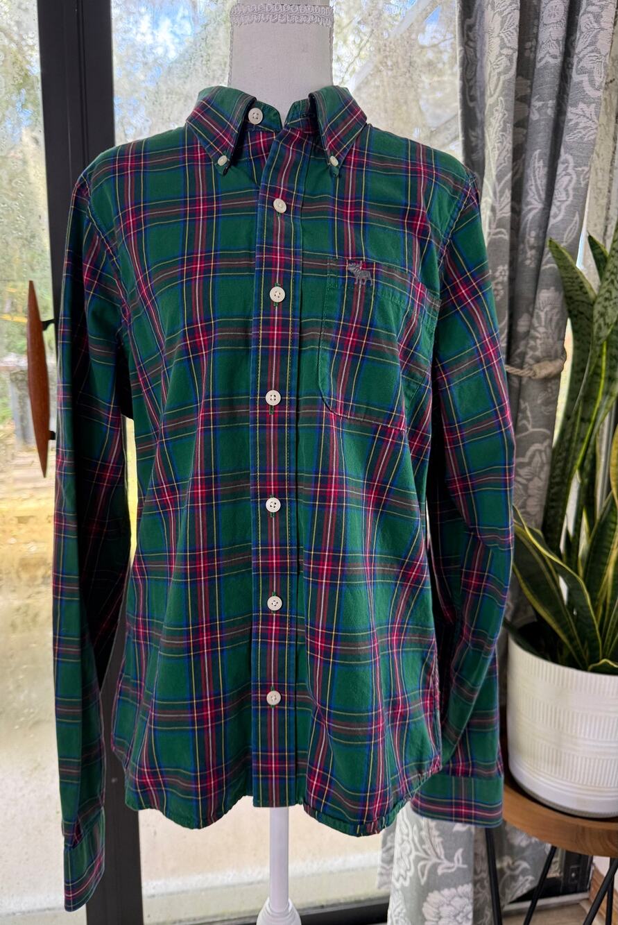 Abercrombie & Fitch Muscle Fit Green Tartan Plaid Button Down Shirt Men’s XL